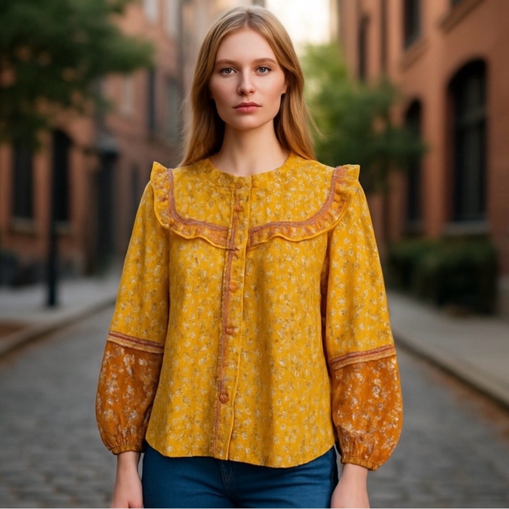 Joie Yellow Puff Sleeve Ruffle Yoke Button-Down Cotton Blouse 🌼